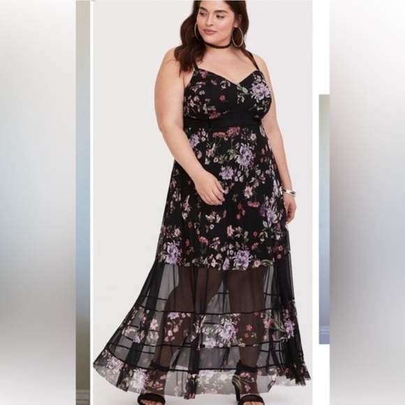 torrid Dresses & Skirts - Torrid Tiered Mesh Floral Black Maxi Dress- Size 3x